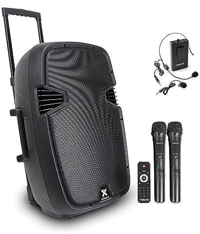 Vonyx SPJ-PA815 Portable PA Speaker System 700W Bluetooth with Wireless Handheld, Headset & Lavalier Microphones, Rechargeable Battery, USB & SD MP3 Player