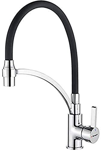 Ibergrif M22129-2 Grifo Monomando para Fregadero con Boquilla Giratoria y 2 Funciones, Extraible con Caño Flexible, Color negro y plata