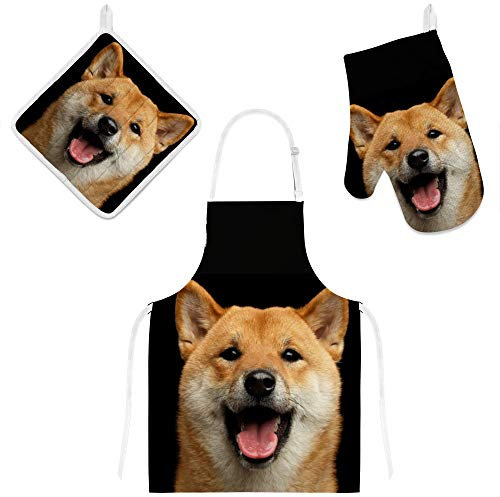 My Daily Küchenschürze mit Taschen, Ofenhandschuh und Topflappen Set, Shiba Inu Hund, verstellbare Kochschürze, Mikrowellen-Handschuh, Topflappen, 3-teilig