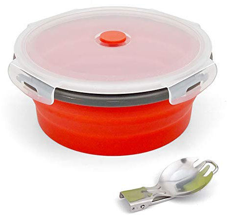 Ewrap Cuenco redondo plegable de 1200 ml, recipiente portátil de silicona para almacenamiento de alimentos, cuenco de silicona plegable con tapa y cuchara 2 en 1, apto para microondas, rojo