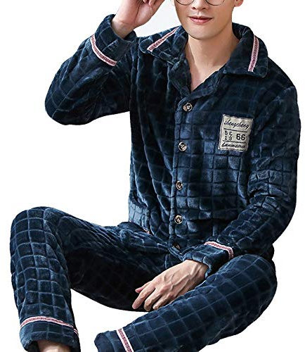 CIDCIJN Pigiama da Uomo Intero Set,Pigiama Uomo Caldo Pigiama Uomo Flanella Inverno Spessa Pigiama Set Spessa Manica Lunga Pijama Casual Pigiama Corallo Pile Suits 3XL, Blu,L
