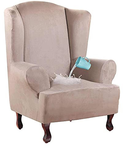 Ohrensessel Schonbezug Stretch Sofa Schonbezug, wasserfeste Rückenlehnenbezug Sofabezüge Weiche Möbel Protektor Couchbezüge Sesselbezüge Wildleder-Khaki-Einteiler-Set