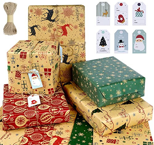 Geschenkpapier Weihnachten, Anstore 10 Stück Weihnachtspapier Blatt 70x50CM, Geschenkverpackung Papier Geburtstag Geschenkpapier Set, inklusive 24 Stück Weihnachtskarten Tags & 30 Meter Jutesaiten