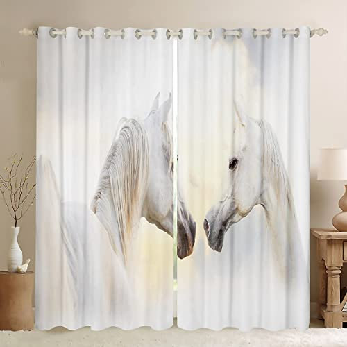 Loussiesd Pferde Fenstervorhang 175x140cm für Kinder Erwachsene galoppierendes Pferd Bedruckte Jungen Mädchen 3D Wildtiermuster Tierwelt Stil Blickdichte Vorhänge Zimmerdekoration Vorhänge Weiß