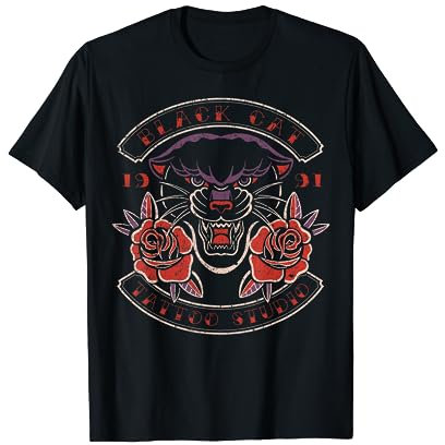 Black Cat Tattoo Studio, Panther & Roses Old School Tattoo T-Shirt