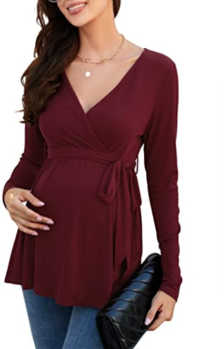KOJOOIN Damen Stillshirt Schwangerschaftsshirt V-Ausschnitt Umstandsshirt Langarm Nursing Tops mit Gürtel Umstandsmode(Verpackung MEHRWEG)