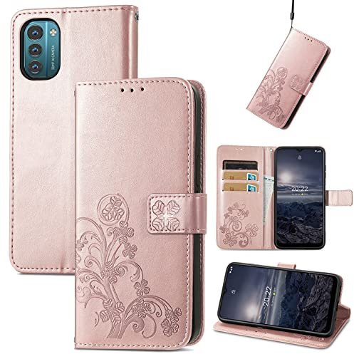 ATISIJIE Case Compatible with Nokia G11 / Nokia G21, Stylish Leather Full-Cover Wallet Phone Case, 3 Card Slot, Magnetic Closure and Flip Stand Wallet Cover Rose Gold