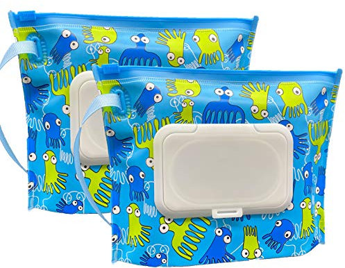 ULVBABI Small Size Portable Wet Wipe Pouch Container (7’’ x 5.4’’), Reusable & Refillable Baby Wipes Dispenser, Eco Friendly Handy Travel Diaper Wipes Carrying Case Holder (Inkfish)