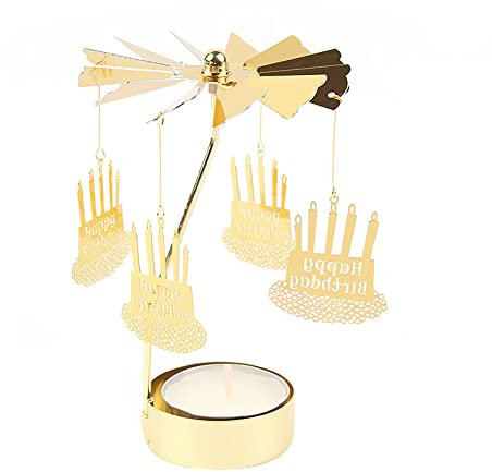 BYNYXI Happy Birthday Teelicht Karussell Drehbare Teelichthalter Gold Teelichtglas Rotierender Kerzenhalter Schneeflocke Eisen Metall Karussell Windlichthalter für Hochzeit Bar Party Tisch, 13cmx8cm