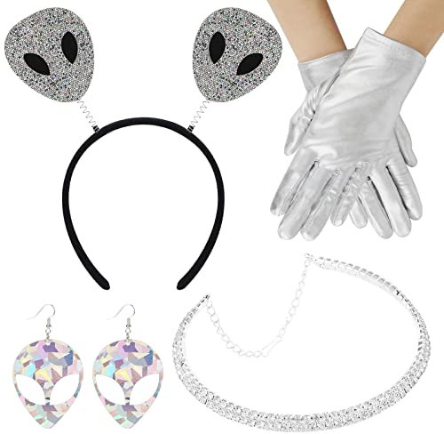 PHOGARY 4-teiliges Alien Kostüm Set, einschließlich Alien-Antennen-Stirnband Alien Ohrringe Halskette und Handschuhe für Frauen Mädchen Alien Partyzubehör Karneval Cosplay Kostüm verkleiden Zubehör
