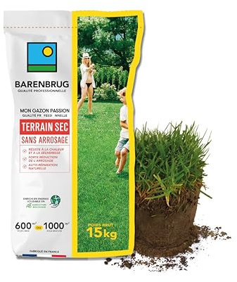 BARENBRUG - Gazon Terrain Sec sans arrosage - Résiste à la Chaleur et à la Sécheresse - Forte Réduction de l’Arrosage - Autoréparation Naturelle - Économe en Eau - Fabriqué en France - 15KG