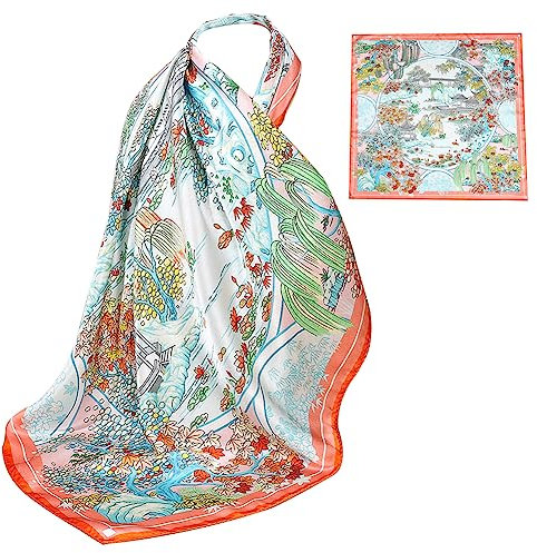 ZhaoCo 100% Natürliche Maulbeerseide Schal, 66x66cm / 26x26 Zoll Seidentuch Grafikdruck Klein Weich Quadratisch Seidenschal für Damen - 015