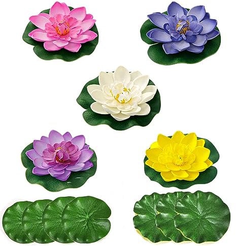 Tsling 12 Stück künstliche Seerose,Schwimmende Blume Simulation Lotus Schaum Dekoration,5 Bunte Lotusblumen +7 Lotusblätter, Eva Schaum Seerose 10cm,für Fischteich Aquarium Garten Teich Deck