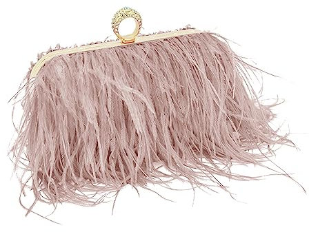 Frauen Straußenfeder Geldbörse Straußen-Tragetasche Flauschige Feder Geldbörse Fransen Clutch Abend Handtasche für Partei Abschlussball Champagner