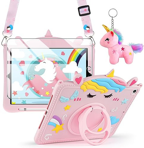 Aolcev for iPad 6th/5th Generation Case iPad Air 2 Case with Screen Protector Silicone with Lanyard Kickstand Unicorn Keychain Pencil Holder Tablet Protective Cover-for iPad 9.7 inch 2017/2018-Pink