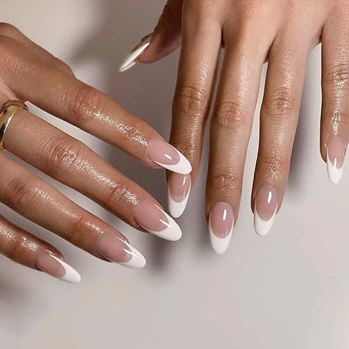Maggidea French Tip False Nails, French Stick on Nails, 24pcs Strong Almond Style Press On Nails with Glue Elegant White Tips Design Fake Nails for Women Girls (Almond- Pink)