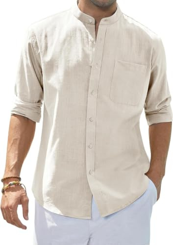 siliteelon Grandad Collar Linen Shirts Beige Men's Shirt Cotton Regular Fit Casual Summer Beach Shirt with Pocket,XL
