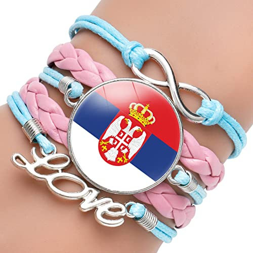 Gewebtes Armband Mit Serbien-Flagge - Verstellbares Rosafarbenes Geflochtenes Lederarmband, Paar, Blaues Seil, Liebesarmband, Neuheit, Patriotischer Schmuck, Punk-Accessoires, Charm, Schickes Abschlu
