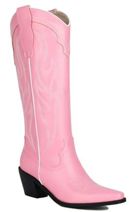Stivali da Cowboy Western Vintage Ricamati da Donna, Stivali a Punta a metà Polpaccio, Stivali per Feste notturne di Carnevale di Halloween,Rosa,44