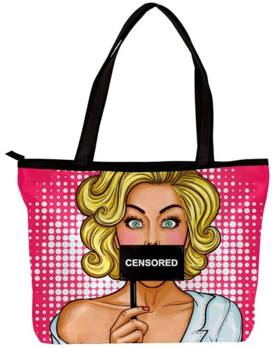 Damen Tasche Schultertasche Handtasche Pop Art Illustration eines blonden Mädchens Druck Reißverschluss Geldbörse Top-Griff Reißverschluss Taschen für Fitnessstudio, Arbeit, Schule, mehrfarbig,
