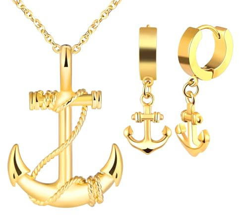 INFINIONLY Herren Edelstahl Halsketten und Ohrringe Schmuck-Sets Vintage Ketten mit Anker Anhänger für Teenager Mode Anker Creolen Ohrstecker für Jungen Damen