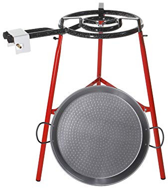ZENDEU ECO-SET Paella Pan Set with Burner and Reinforced Tripod Legs - 18 inch Carbon Steel Paella Pan and 2 Ring Paella Burner / 12 Servings