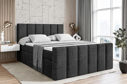 ALTDECOR Boxspringbett mit Matratze und Lattenrost, Topper, Fußteil,Polsterbett mit Bettkasten, Bett mit Stauraum H3- und H4- Matratze, Doppelbett - BOXI1-Z King - 180x200 - Schwarz Samt