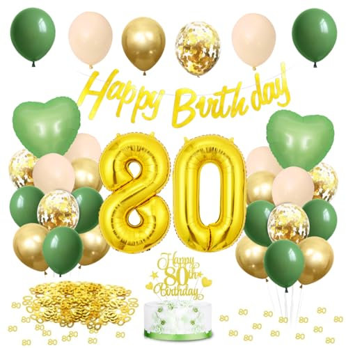 80. Geburtstag Deko Salbeigrüne, Grün Gold Luftballon 80. Geburtstag mit Happy Birthday Girlande und Tortendeko, Grün Gold Ballons für 80 Jahre Geburtstagsdeko Frau Männer