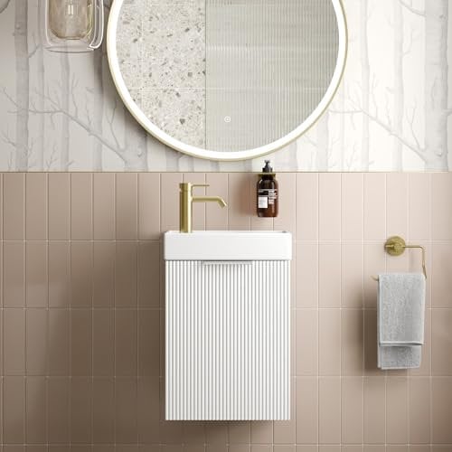 BAYSTONE® Fluted 400mm Bathroom Vanity Unit Ceramic Wash Sink, Cloakroom Storage Furniture Under Basin Cabinet Wall Hung Cupboard, Matt White