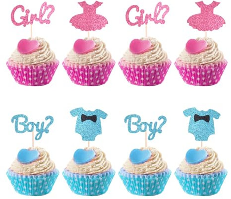 HIOQFR 24 Pièces Decoration Gateau Baby Shower Paillettes Cupcake Topper Gender Reveal Decoration Gateau Bapteme Topper Communion Topper Gateau Cupcakes Fournitures pour Anniversaire Filles Garçon