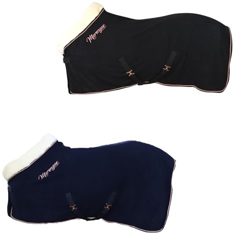 Marengos - Abschwitzdecke Modern Rosé | Fleecedecke m. Kreuzgurten, Frontverschnallung, Schweifkordel & roségoldenen Verzierungen | atmungsaktive Pferdedecke | Pferde Zubehör in Nachtblau | 125 cm