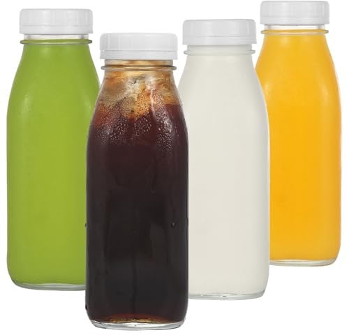 LIMILI Glass Milk Bottles with Lids, 4 pcs 500ml Reusable Clear Glass Juice Drinking Bottles for Homemade Breakfast Picnics Weddings