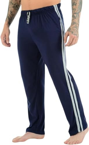 COSHAL® Joggingbyxor för män, 2 sidor, randig, öppen fåll, joggingbyxor, casual träningsbyxor för män, loungebyxor för män, loungebyxor för män, Marinblå, M
