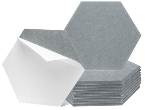 sourcing map 12Pcs Acoustic Panel Self-Adhesive 30 x 26 x 0.9cm Good Density Sound Proof Padding, Hexagon Sound Proof Absorbing Panels, Insulation Beveled Edge Wall Tiles (Light Grey)