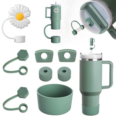 FOSFUKEER Stanley Cup-Zubehörset, enthält 6 auslaufsichere Silikonstopfen,2 Stück Strohdeckel, 1 Silikonhülle für Stanley Cup 1,2 l- und 850 ml-Becher,Cups nicht enthalten (Eukalyptus)