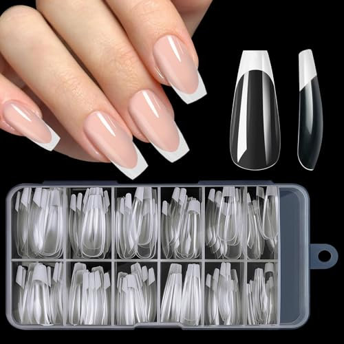 U-Shinein French Press On Nails, White French Nail Tips, Coffin False Nails, Nail Art Nails for Sticking, Fake Nails With Box, 120 Pcs Finished Nails For Women, 07 White