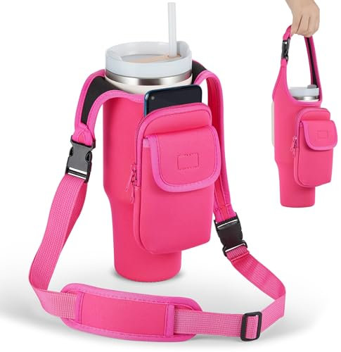 Carrier Bag with Phone&Flap Pockets for Stanley 40/30oz Tumbler with Handle, Insulated Neoprene Cup Holder Carrier Bag w/Shoulder & Handheld Strap Fits Stanley Cup Accessories