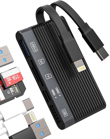 Adaptador USB C Lightning a USB(6 en 1)lector de tarjetas SD Micro SD USB OTG 3.0 2.0 para IPhone16 15 14 Pro Memoria TF Flash compacto para Apple compatible con Samsung Charge para iPad Cámara