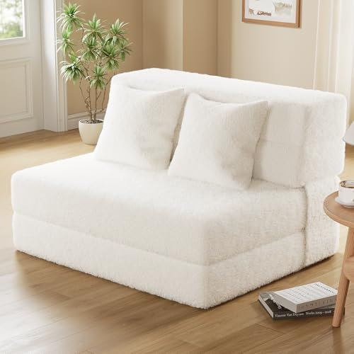 IULULU Klappbares Schlafsofa, umwandelbare Schlafcouch, Boucle-Boden-Couch mit 2 Kissen, Faltbare Schaumstoffmatratze für Wohnzimmer/Schlafsaal/Gästezimmer/Wohnung/Kleiner Raum, Twin