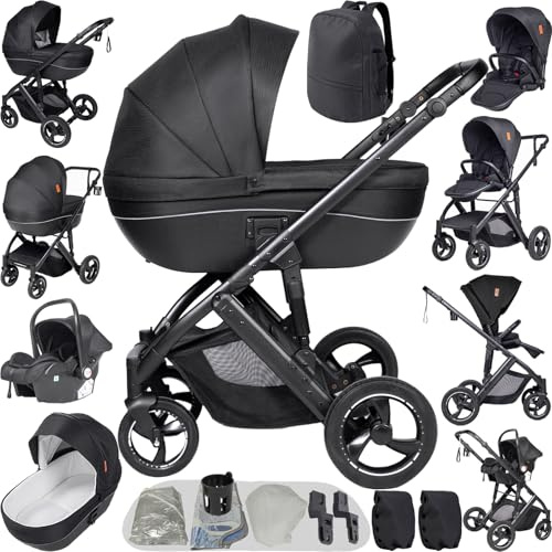 MoLi Kinderwagen 4 in 1, Kinderwagen mit Umkehrbarem Doppelschiebemodus, Buggy mit Großer Bequemer Babywanne, Kombikinderwagen 4 in 1 Rahmen Aluminiumlegierung Faltbar Hohe Landschaft (H2 Black)