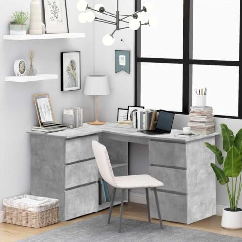Myheimly Eckschreibtisch 6 Schubladen 2 Regale Schreibtisch Computertisch Bürotisch PC Tisch Laptoptisch Arbeitstisch Betongrau 145x100x76 cm Holzwerkstoff