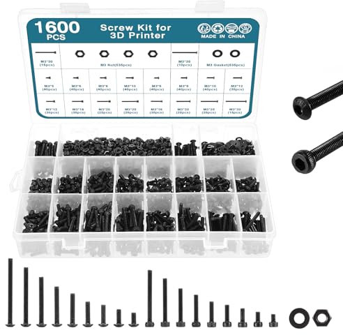 HSEAMALL Lot de 1600 vis M3 en acier au carbone pour imprimante 3D, classe 12.9, avec écrous et rondelles