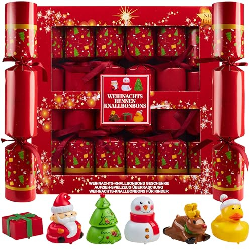 KreativeKraft Weihnachten Knallbonbons, Ohne Knall Christmas Crackers mit Aufziehfiguren, Rennbahn, Partyhüte, Witze, Kleines Geschenk im Inneren, Tischdekoration (Mehrfarbiges Rennen)