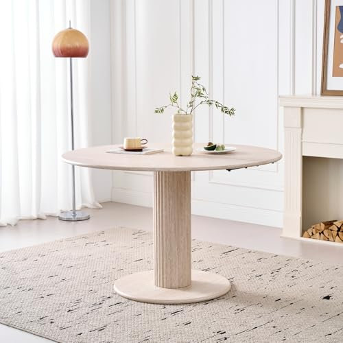 CrandCA Home Table à Manger Ronde Moderne et Simple, Imitation Travertin Jaune, Diamètre 120 cm, Pouvant Accueillir 4 à 6 Personnes