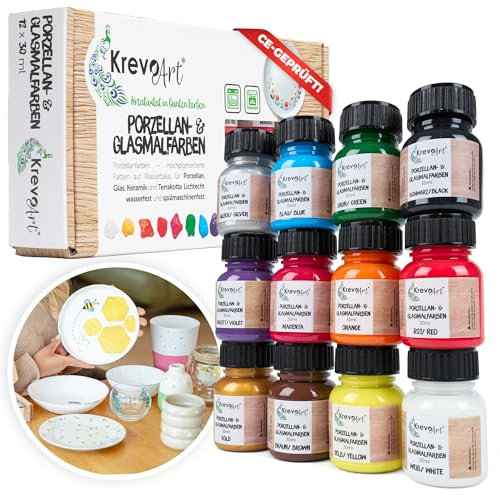 Krevo Art Porzellan- & Glasfarben Set – 12×30 ml deckend & wasserfest – inkl. Gold & Silber – Spülmaschinenfest & einbrennbar – Für Tassen, Keramik, Glas & DIY-Bemalung – Anleitung dabei