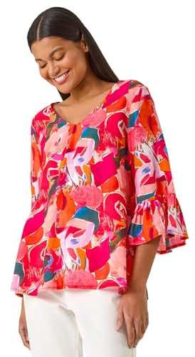 Roman Abstract Print Frill Detail Top for Women UK - Ladies Spring Everyday Summer Holiday V-Neckline Comfy 3/4 Sleeve Soft Relaxed Fit Shirt Daywear Vacation Blouses - Abstract Red - Size 14