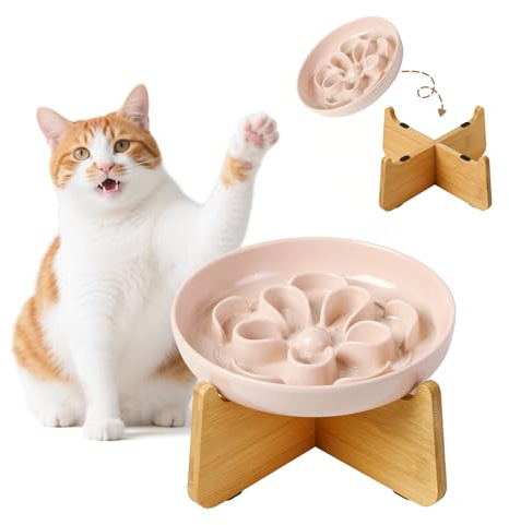 Gamelle Anti Glouton Chat Surélevée - Gamelle Mélamine avec Support en Bambou Antidérapant - Bol Chat pour Alimentation Lente - Motif Labyrinthe Floral - Rose