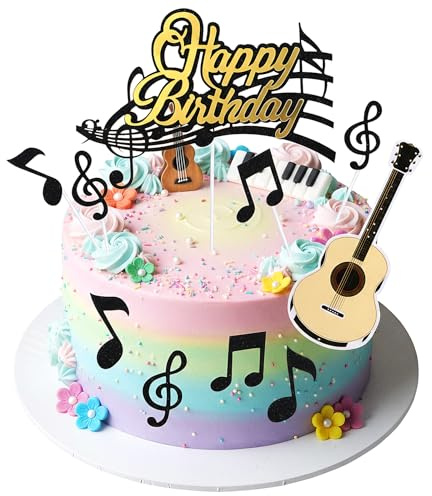 9 PCS Guitar Happy Birthday Cake Topper, Music Cake Toppers, Musical Themed Birthday Party, Music Note Cakes Decorations (Black)