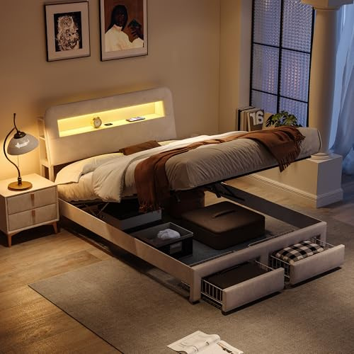 Henunem Lit Coffre 140×200 avec LED et Ports USB,Tête de lit Capitonné avec Étagères Ouvertes et Rangement Caché, Lits 2 Personnes avec Hydraulique, Sommier à Lattes, Velours,Beige