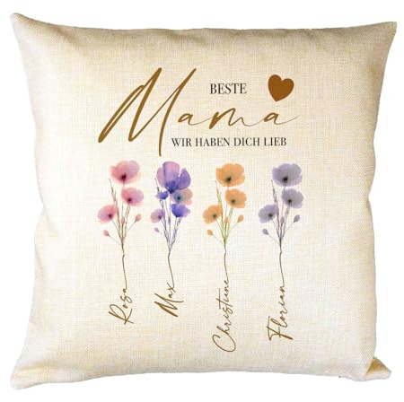 Manufaktur Liebevoll Personalisiertes Kissen mit Namen Beste Mama Geschenk für Mütter, Familienkissen mit Aquarellblumen, Geschenk Familie (Beste Mama)